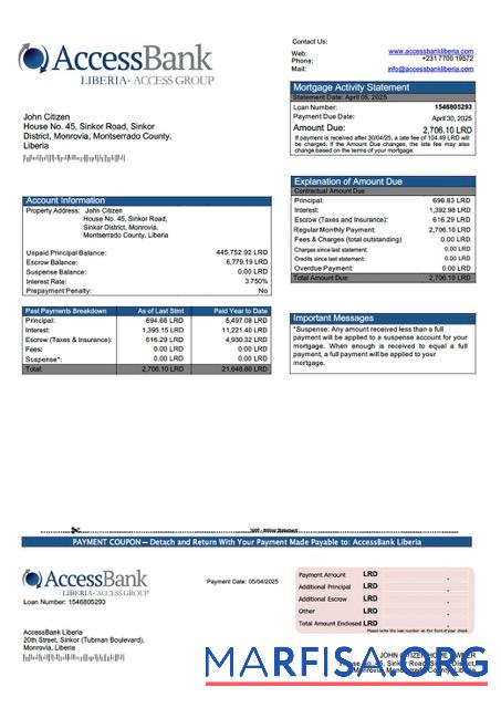 Blank Liberia AccessBank Liberia mortgage statement Word and PDF template
